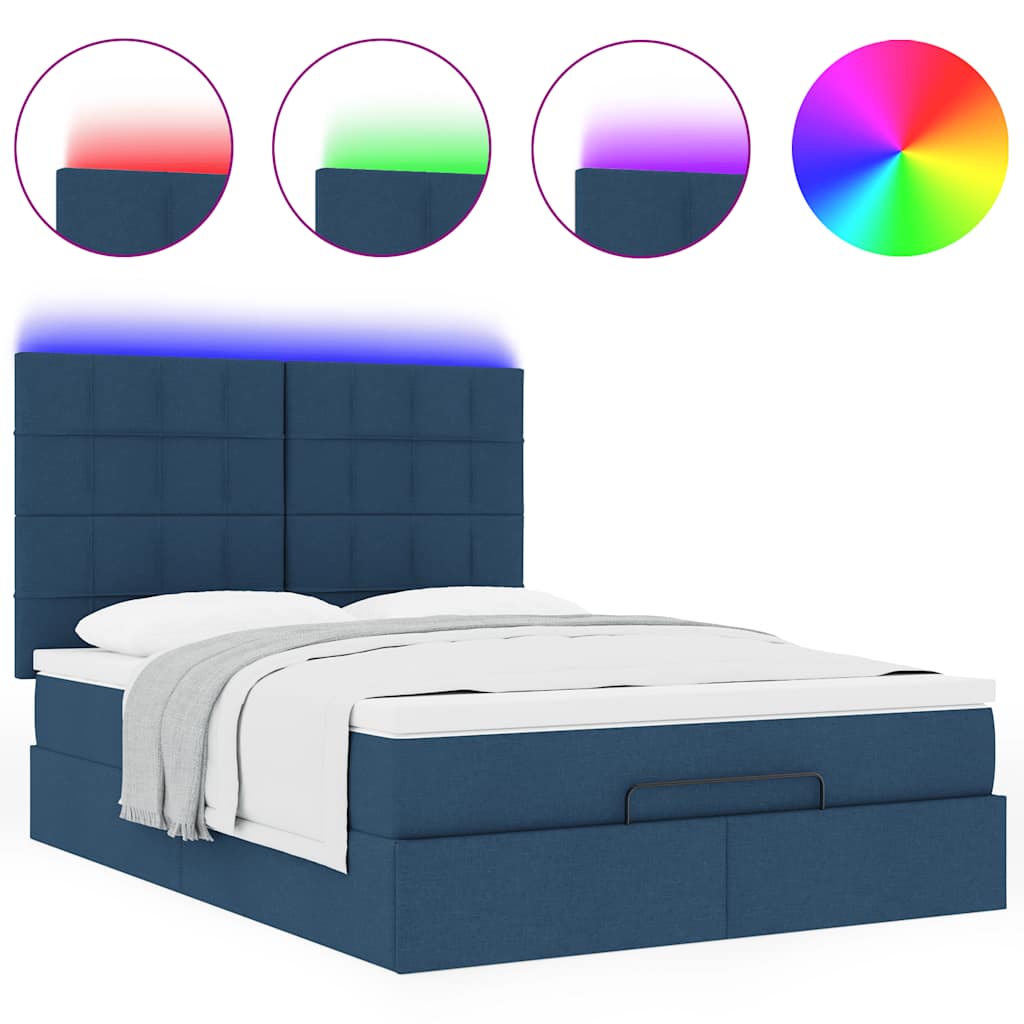 vidaXL Ottoman-Bett mit Matratze & LEDs Blau 140x200 cm Stoff