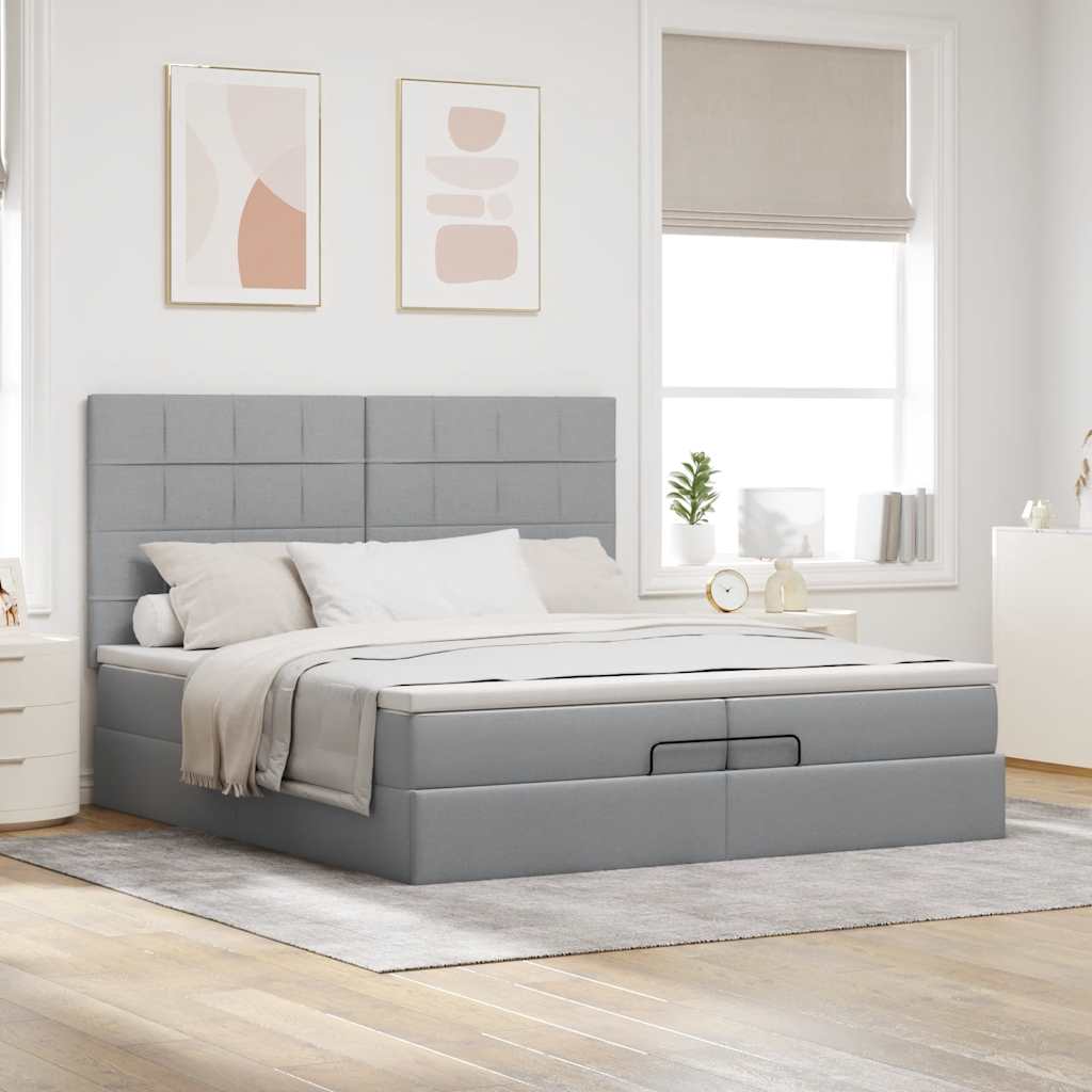 vidaXL Ottoman-Bett mit Matratzen & LEDs Hellgrau 200x200 cm Stoff