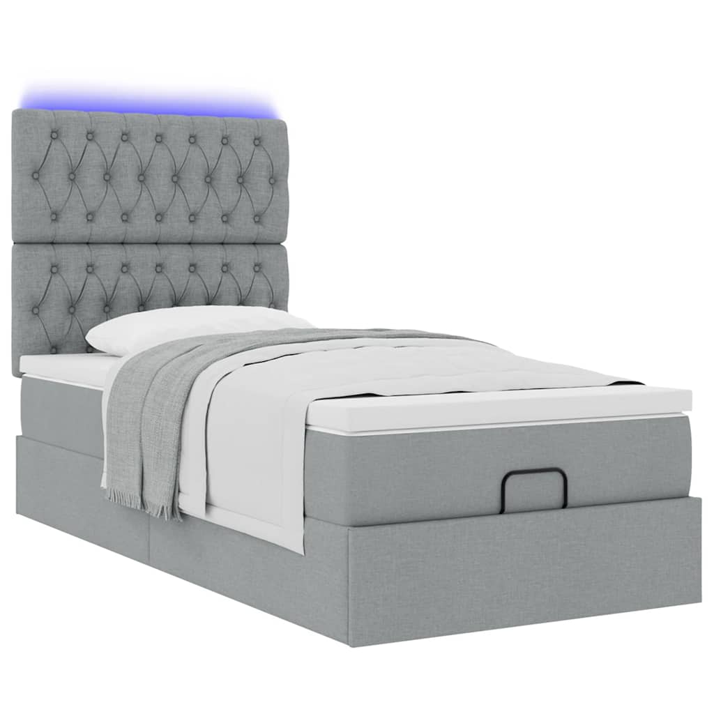vidaXL Ottoman-Bett mit Matratze & LEDs Hellgrau 90x190 cm Stoff