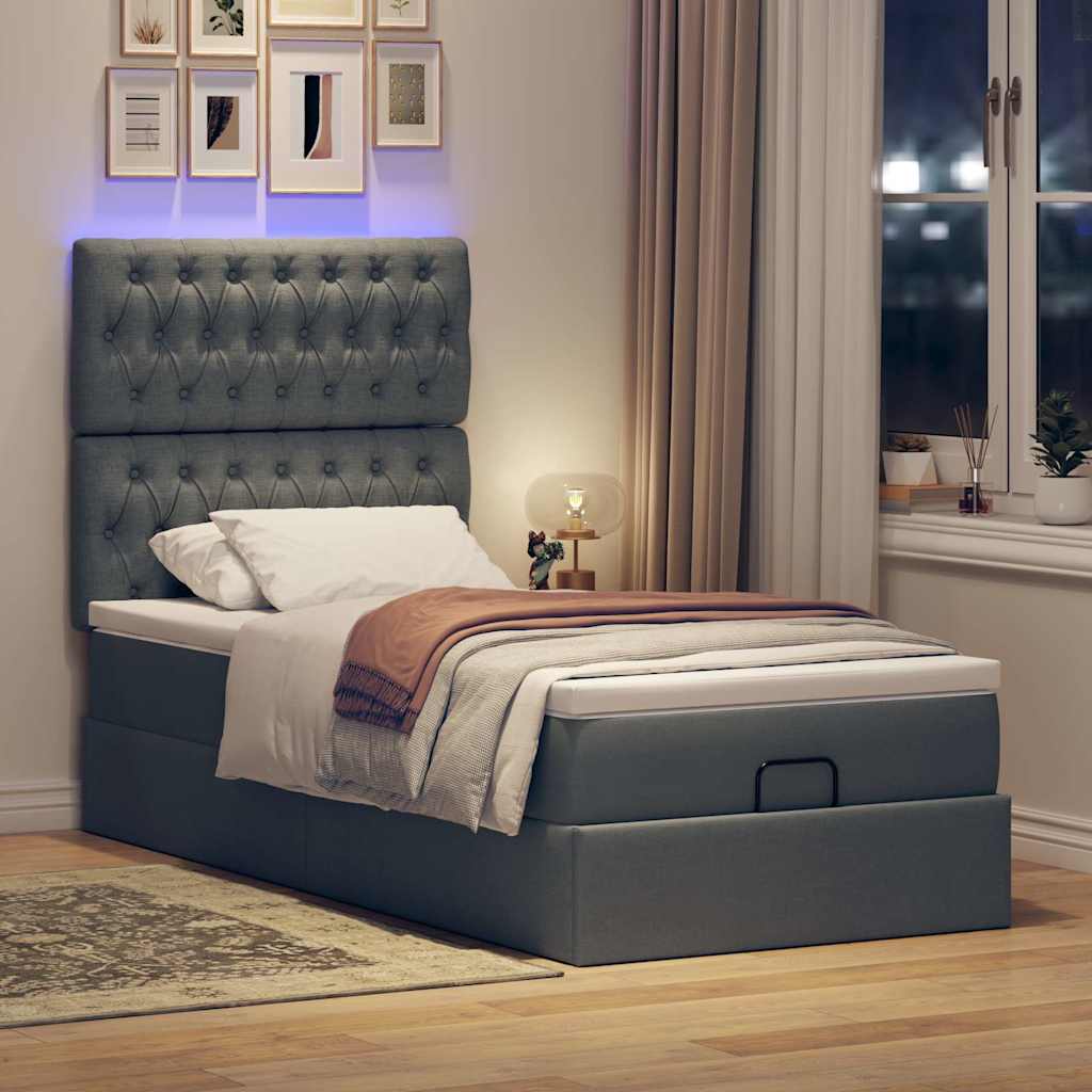 Ottoman-Bett mit Matratze & LEDs Dunkelgrau 90x190 cm Stoff