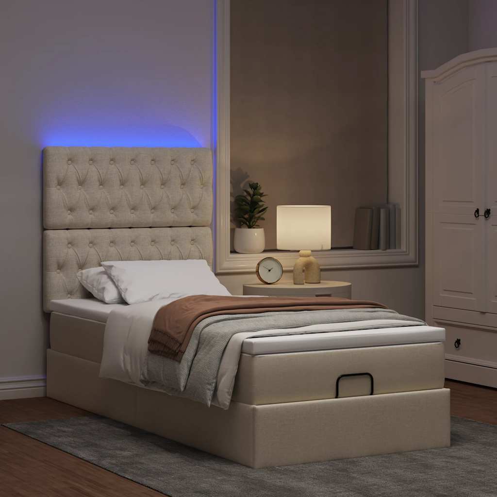 Ottoman-Bett mit Matratze & LEDs Creme 90x190 cm Stoff
