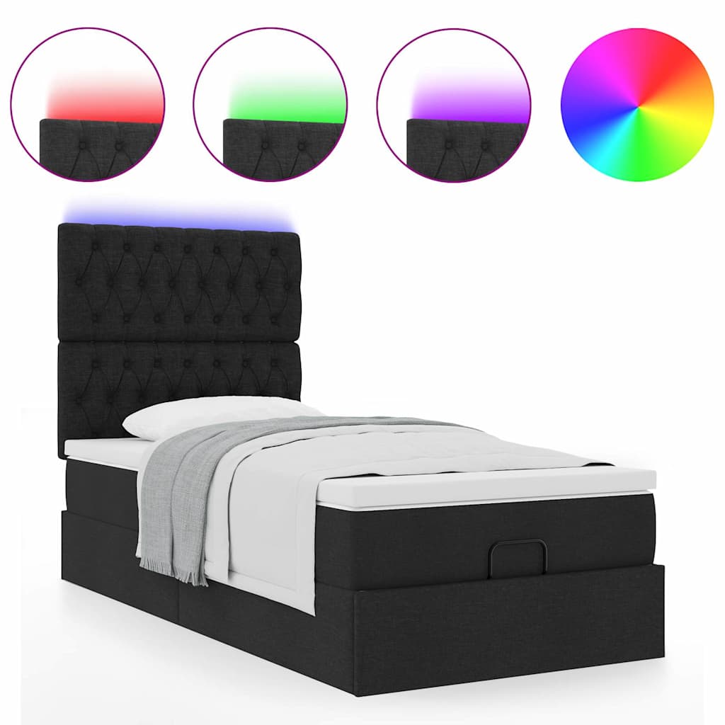 Ottoman-Bett mit Matratze & LEDs Schwarz 90x200 cm Stoff