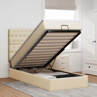 Ottomane Bett mit Matratze & LEDs Creme 90x200 cm Stoff