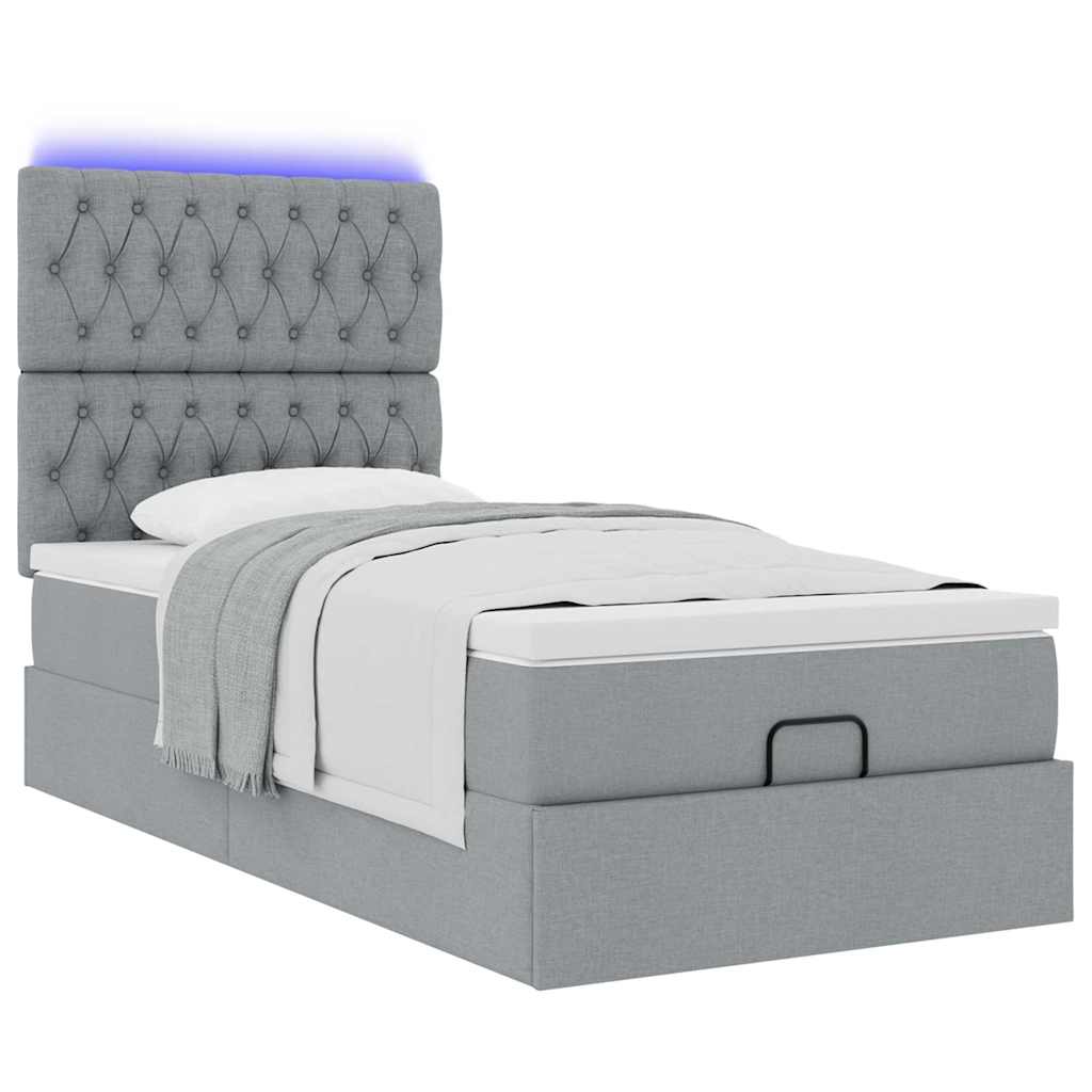 vidaXL Ottoman-Bett mit Matratze & LEDs Hellgrau 100x200 cm Stoff