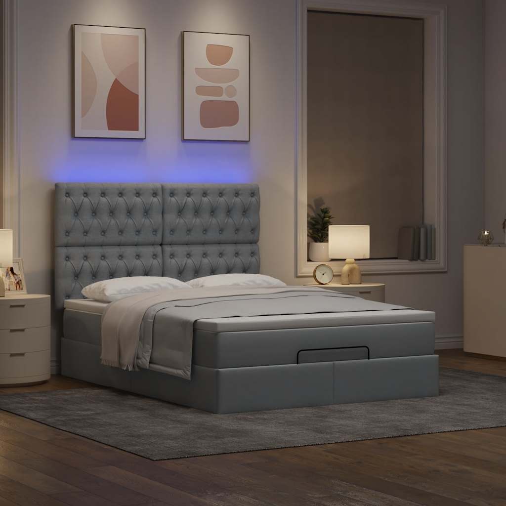 vidaXL Ottoman-Bett mit Matratze & LEDs Hellgrau 140x190 cm Stoff