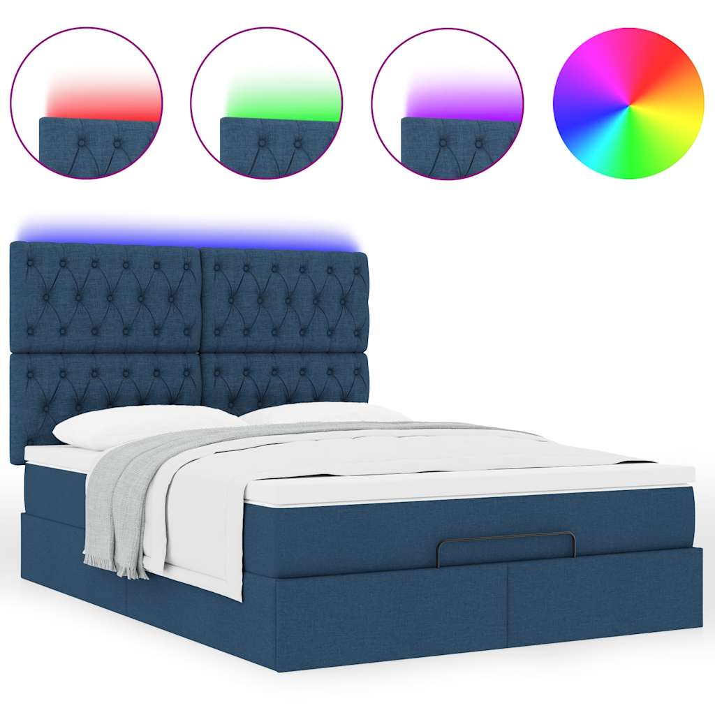 vidaXL Ottoman-Bett mit Matratze & LEDs Blau 140x190 cm Stoff
