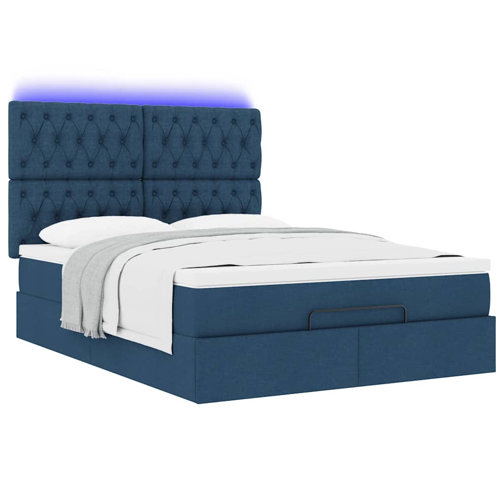 vidaXL Ottoman-Bett mit Matratze & LEDs Blau 140x190 cm Stoff