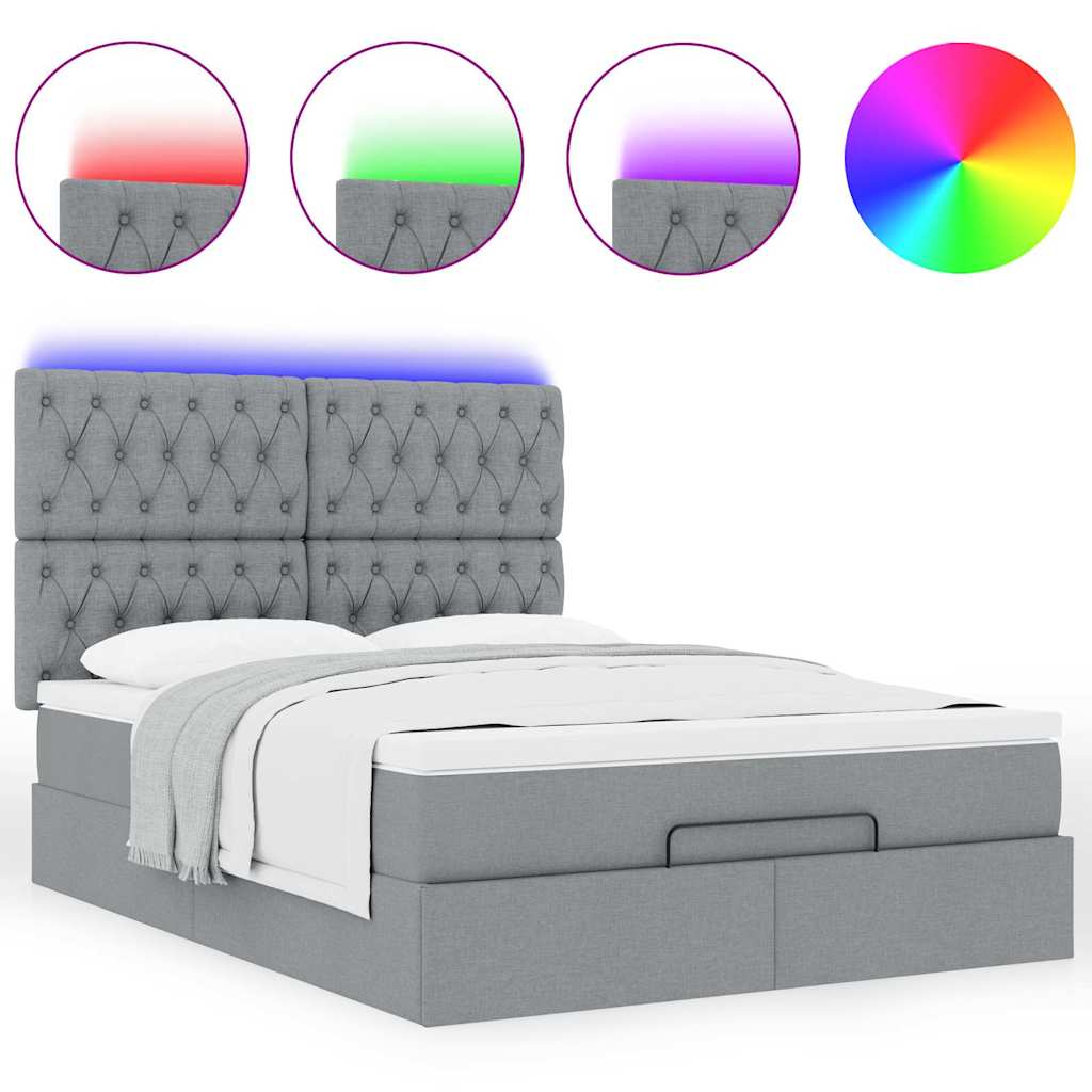 Ottoman-Bett mit Matratze & LEDs Hellgrau 140x200 cm Stoff