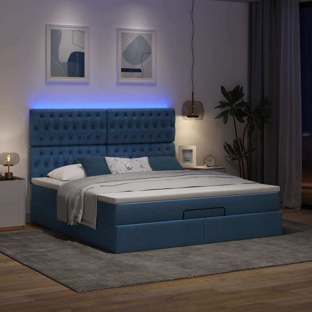 vidaXL Ottoman-Bett mit Matratze & LEDs Blau 180x200 cm Stoff