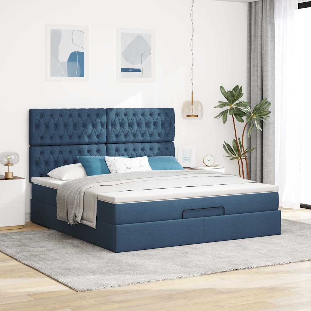 vidaXL Ottoman-Bett mit Matratze & LEDs Blau 180x200 cm Stoff