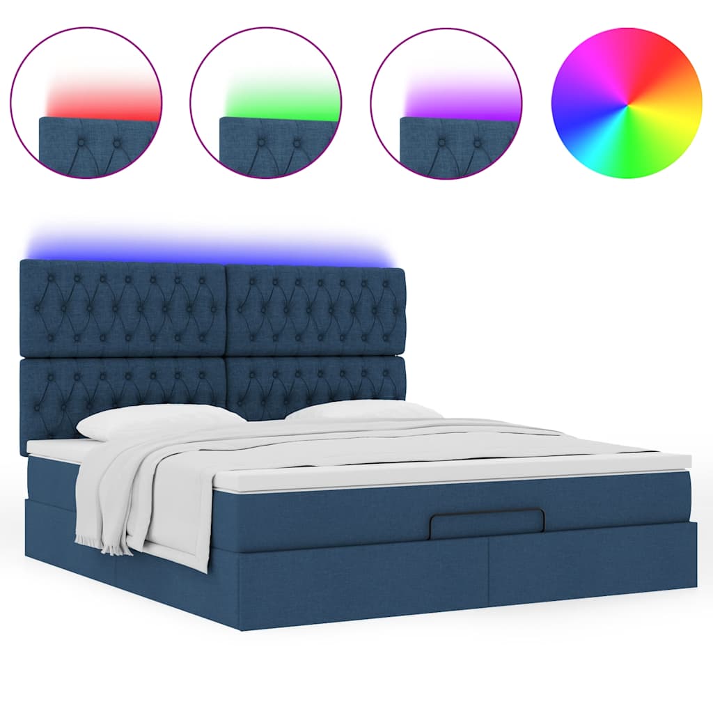 vidaXL Ottoman-Bett mit Matratze & LEDs Blau 180x200 cm Stoff