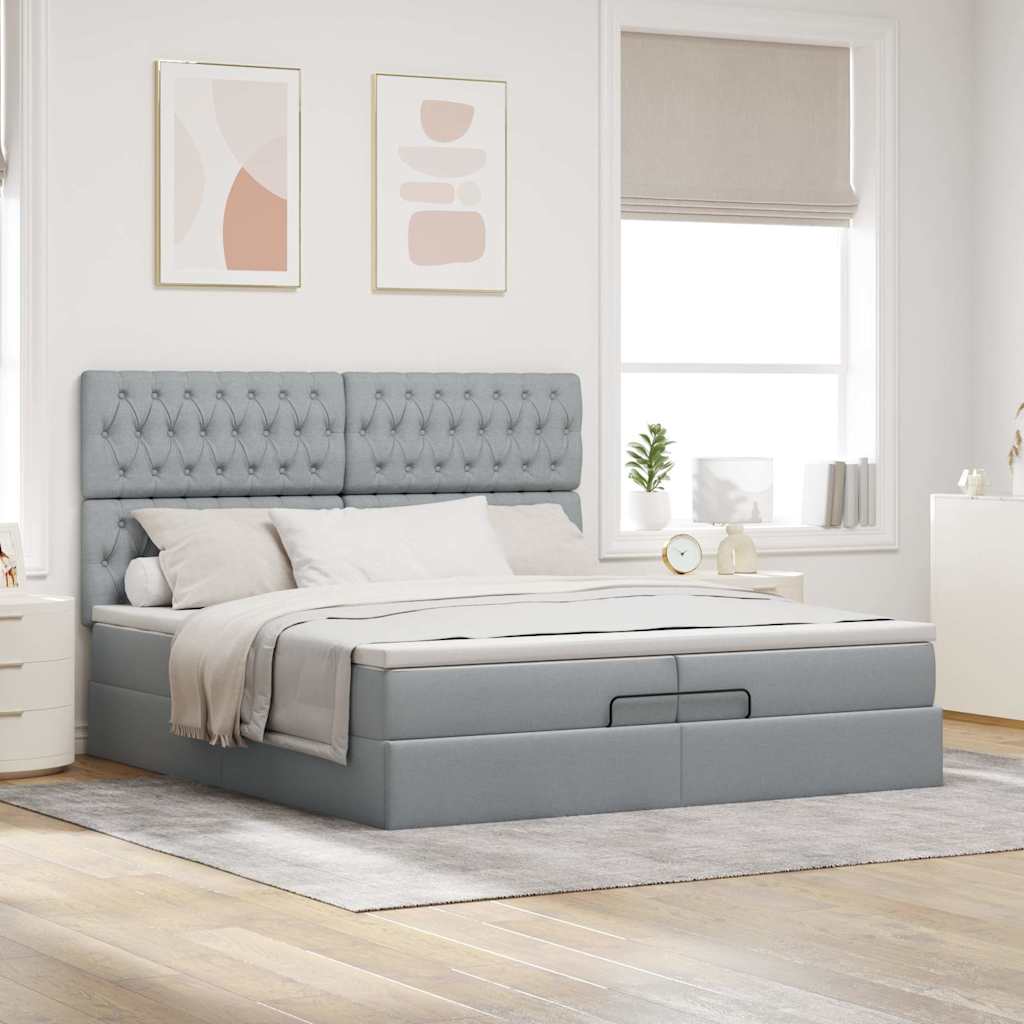vidaXL Ottoman-Bett mit Matratzen & LEDs Hellgrau 200x200 cm Stoff
