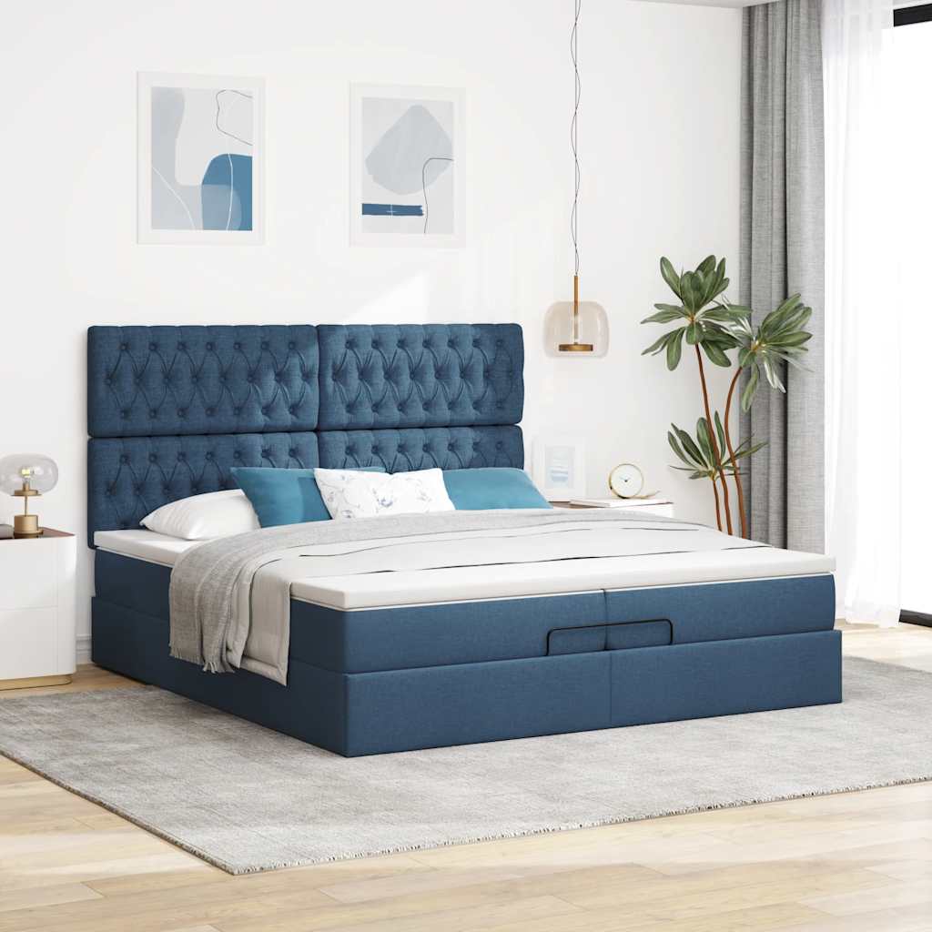 vidaXL Ottoman-Bett mit Matratzen & LEDs Blau 200x200 cm Stoff