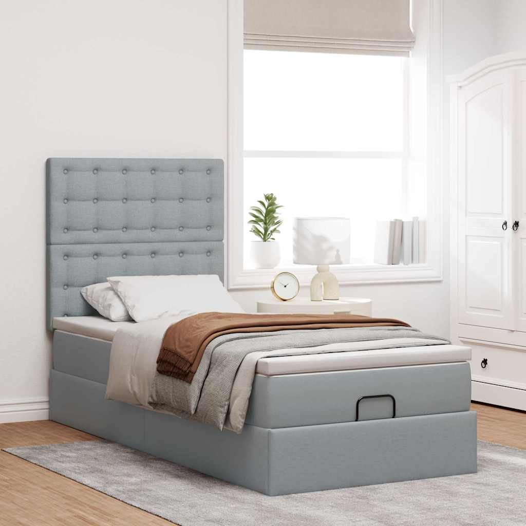 vidaXL Ottoman-Bett mit Matratze & LEDs Hellgrau 90x190 cm Stoff