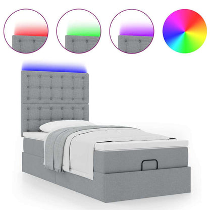 Ottoman-Bett mit Matratze & LEDs Hellgrau 90x190 cm Stoff