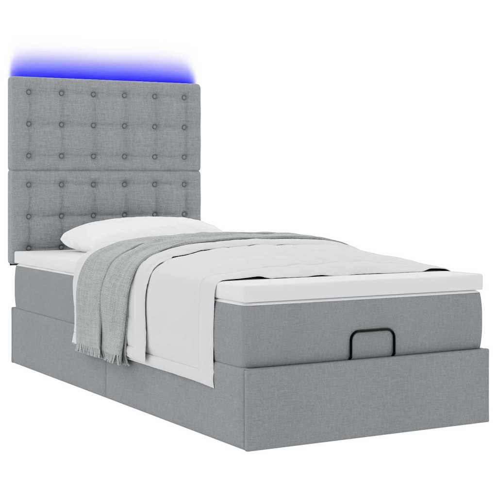 Ottoman-Bett mit Matratze & LEDs Hellgrau 90x190 cm Stoff