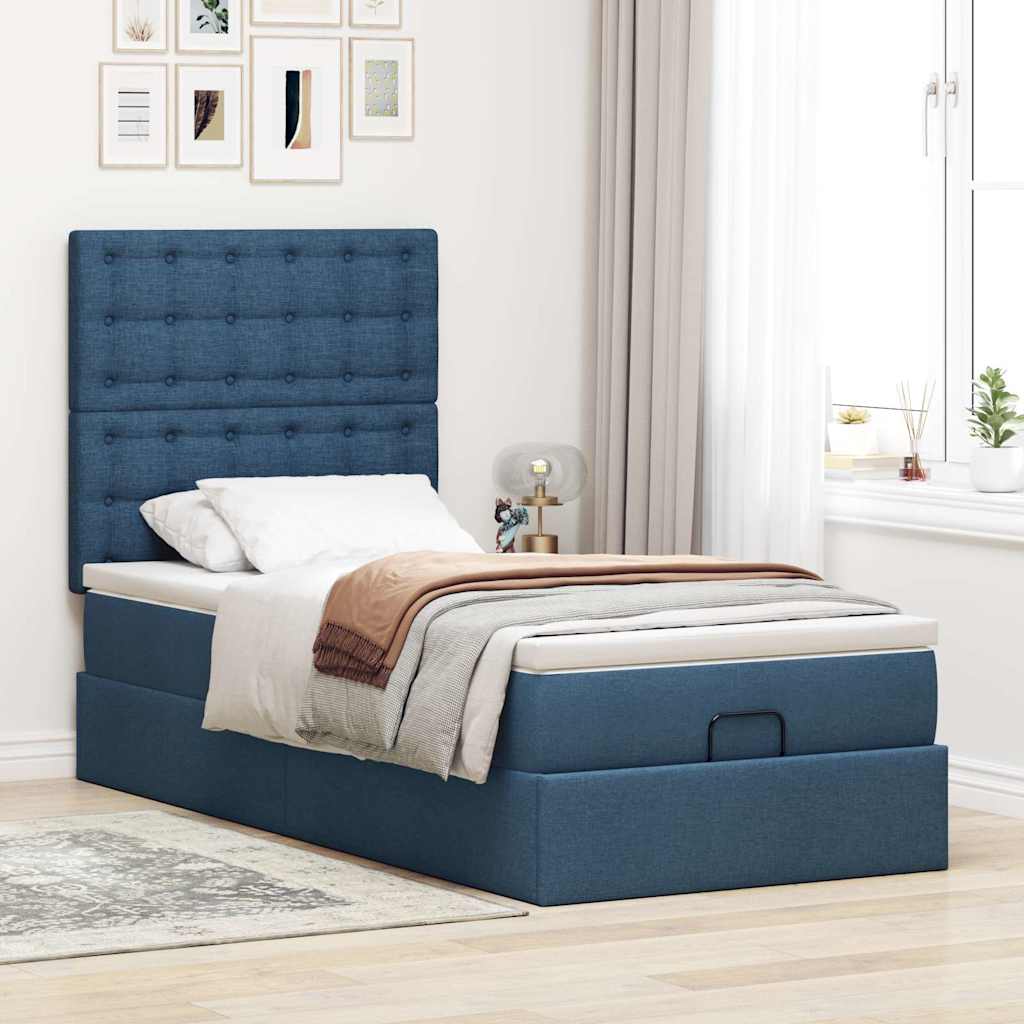 vidaXL Ottoman-Bett mit Matratze & LEDs Blau 90x190 cm Stoff