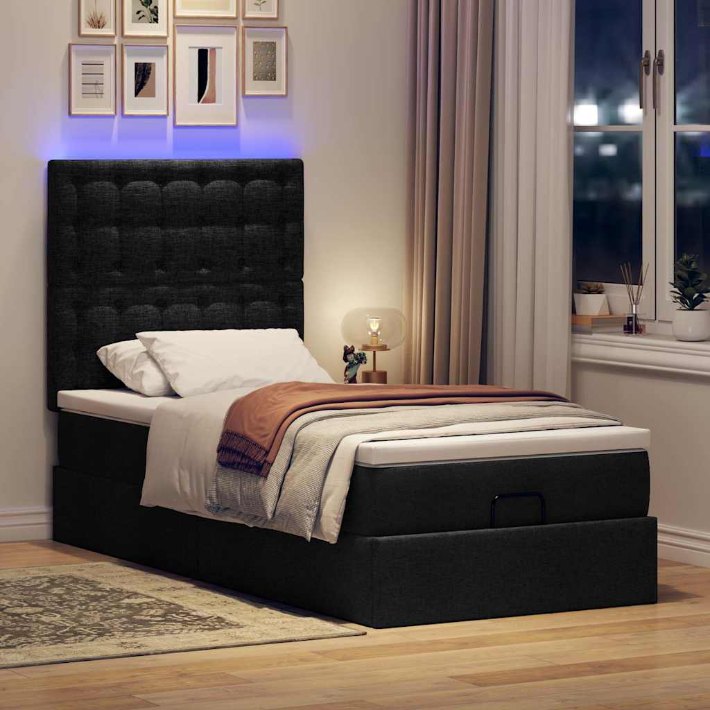 vidaXL Lit ottoman avec matelas et LED Noir 90x200 cm Tissu