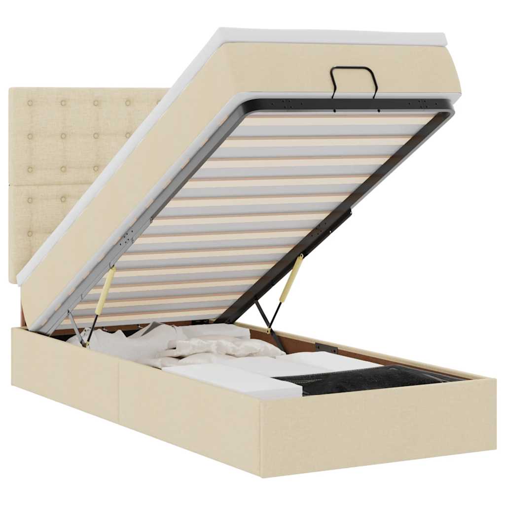 Ottomane Bett mit Matratze & LEDs Creme 90x200 cm Stoff