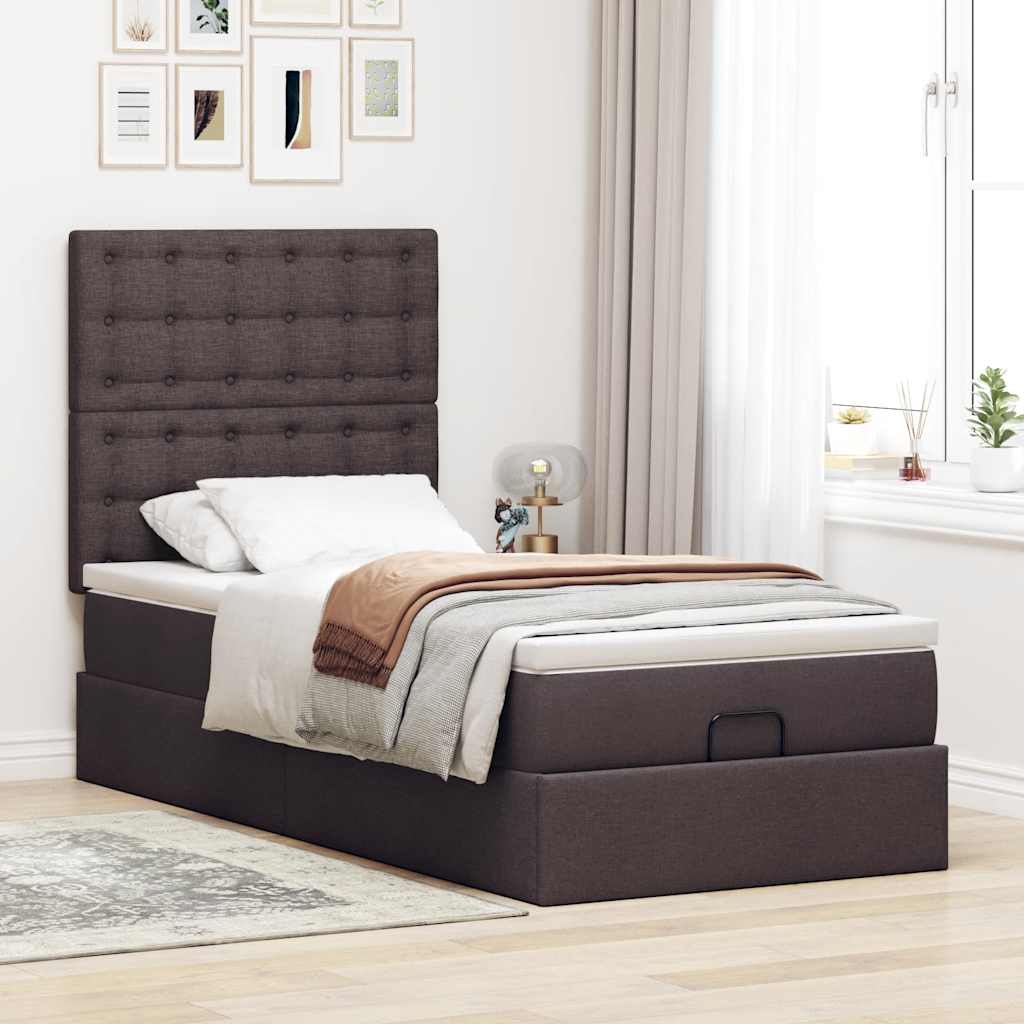 vidaXL Lit Ottoman avec matelas et LED Marron foncé 100x200 cm Tissu