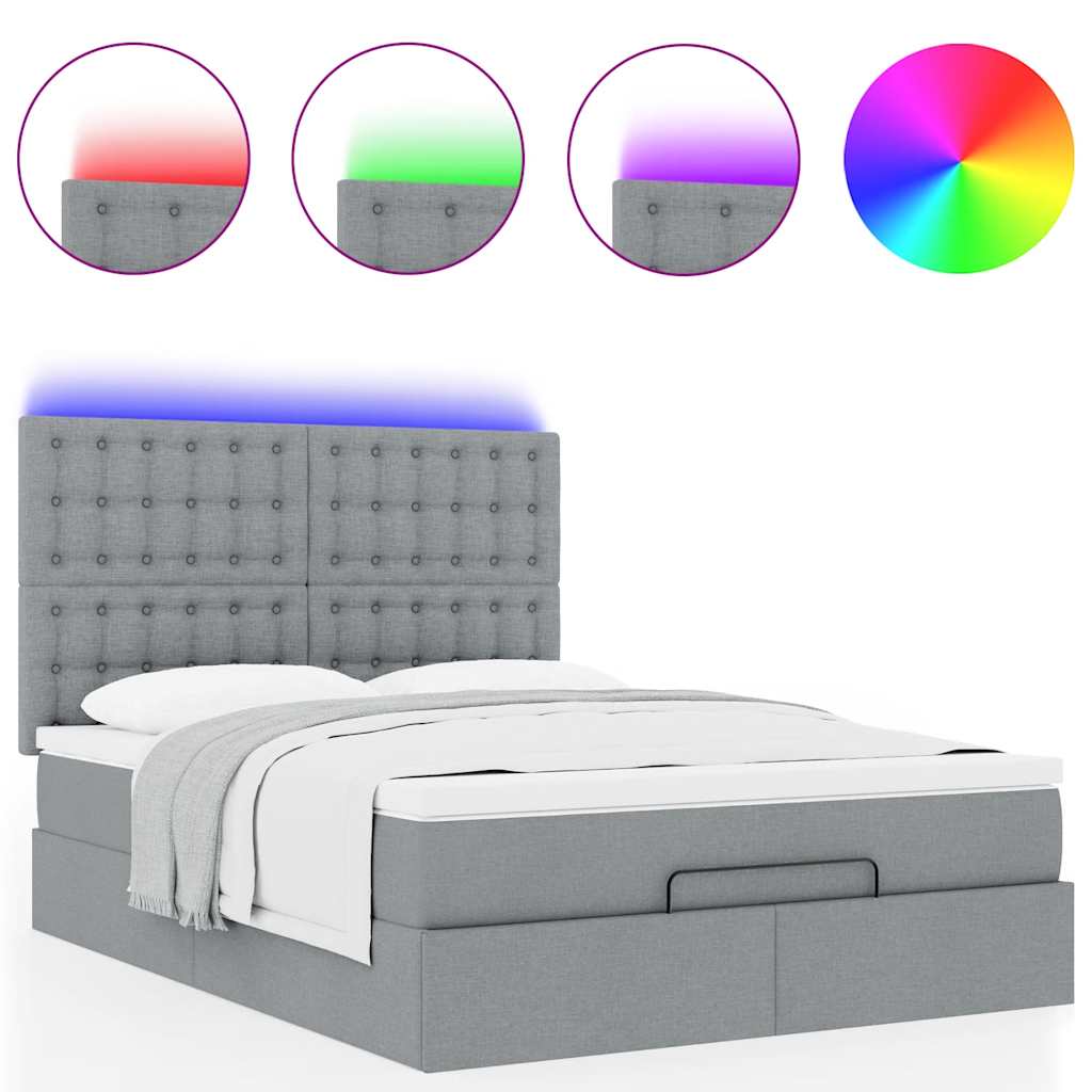 Ottoman-Bett mit Matratze & LEDs Hellgrau 140x190 cm Stoff