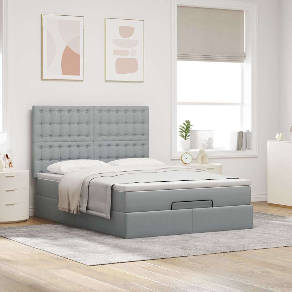 vidaXL Ottoman-Bett mit Matratze & LEDs Hellgrau 140x200 cm Stoff
