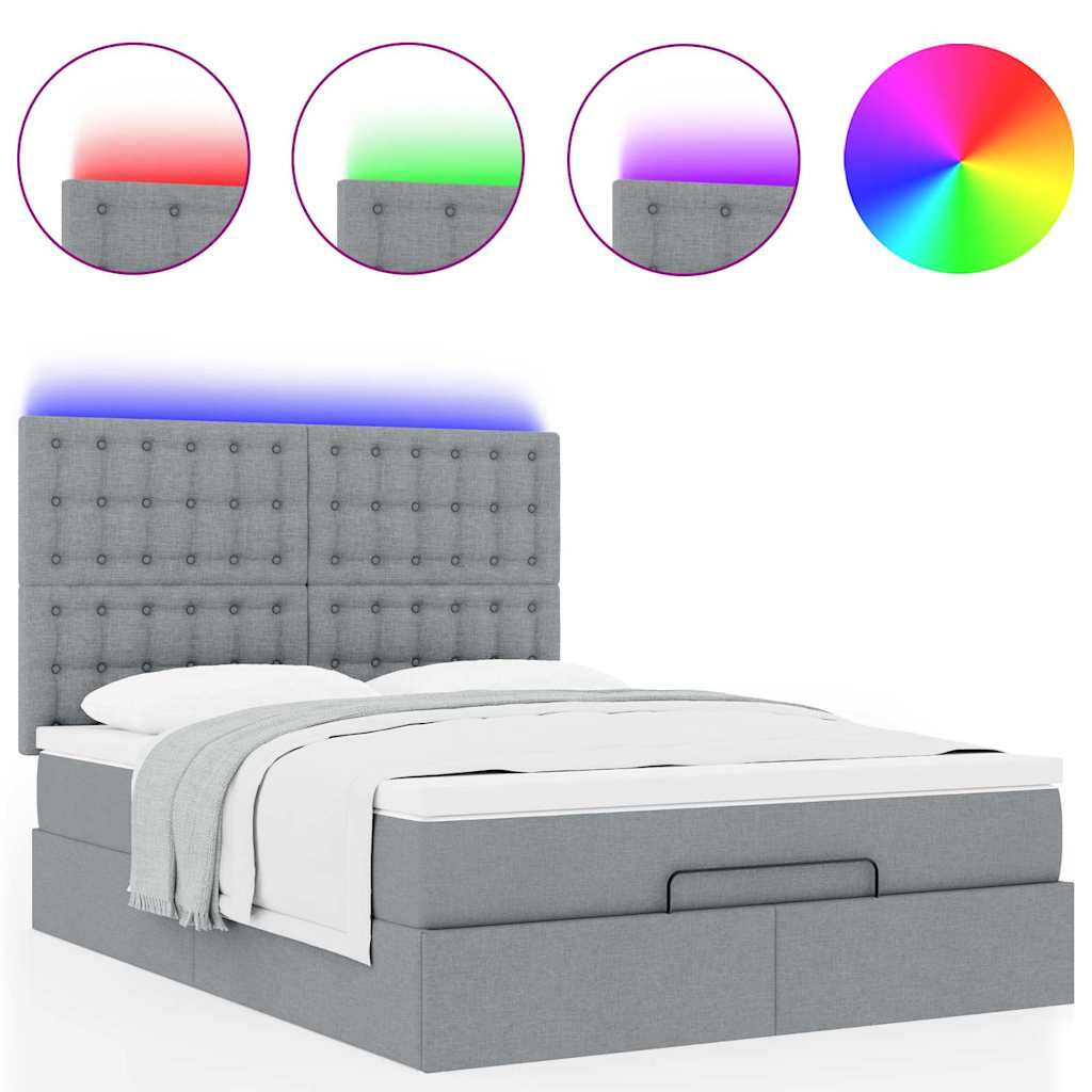 Ottoman-Bett mit Matratze & LEDs Hellgrau 140x200 cm Stoff