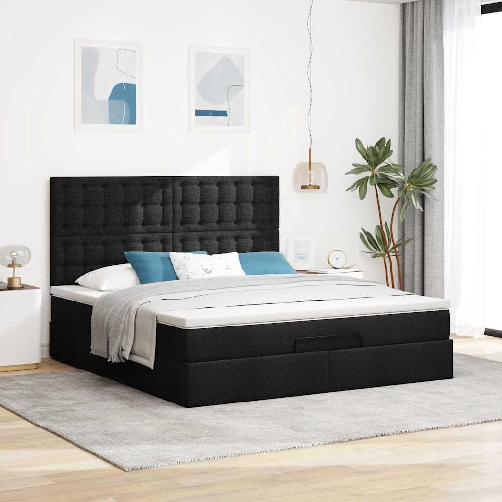 vidaXL Lit-coffre avec matelas et LED Noir 180x200 cm Tissu
