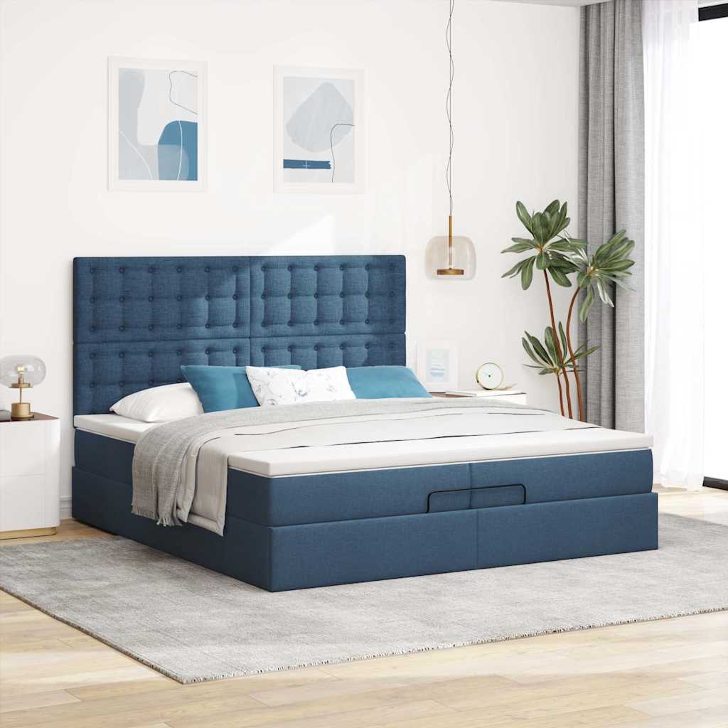 vidaXL Ottoman-Bett mit Matratzen & LEDs Blau 200x200 cm Stoff