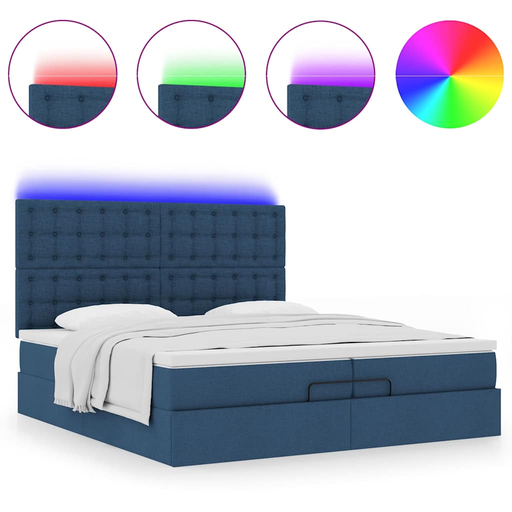 vidaXL Ottoman-Bett mit Matratzen & LEDs Blau 200x200 cm Stoff