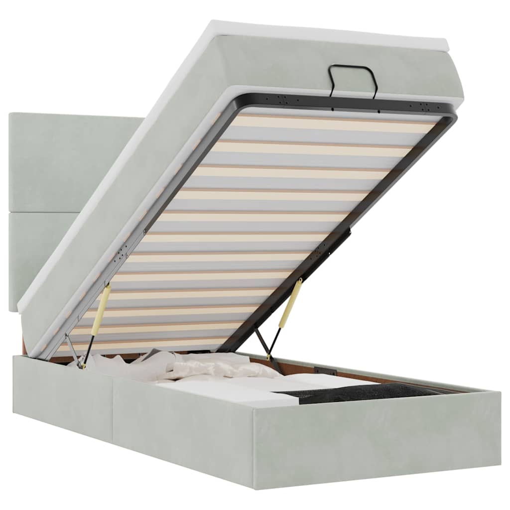 Ottoman-Bett mit Matratzen & LEDs Hellgrau 90x200 cm Samt