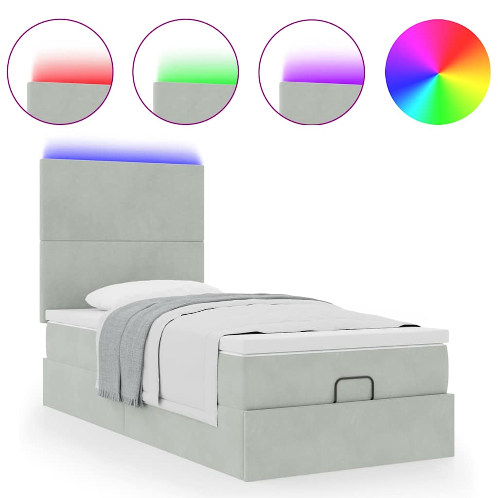 Ottoman-Bett mit Matratzen & LEDs Hellgrau 90x200 cm Samt