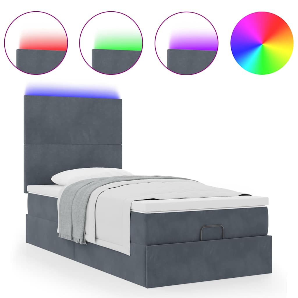 vidaXL Lit ottoman avec matelas et LED Gris foncé 90x200 cm Velours