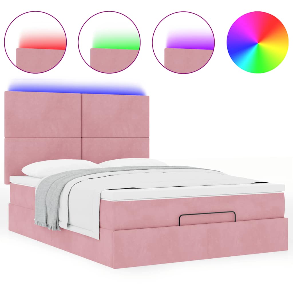 Ottoman-Bett mit Matratzen & LEDs Rosa 140x190 cm Samt