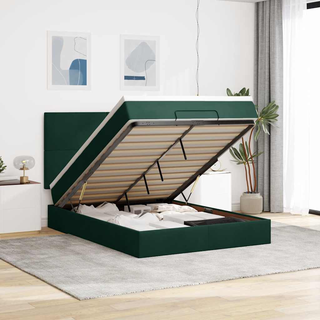 vidaXL Ottoman-Bett mit Matratzen & LEDs Dunkelgrün 140x200 cm Samt