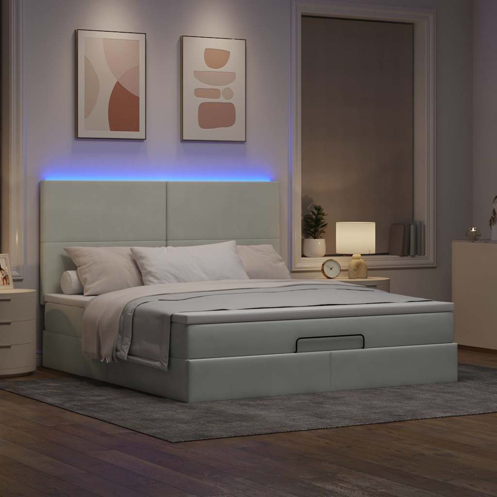 vidaXL Ottoman-Bett mit Matratzen & LEDs Hellgrau 180x200 cm Samt