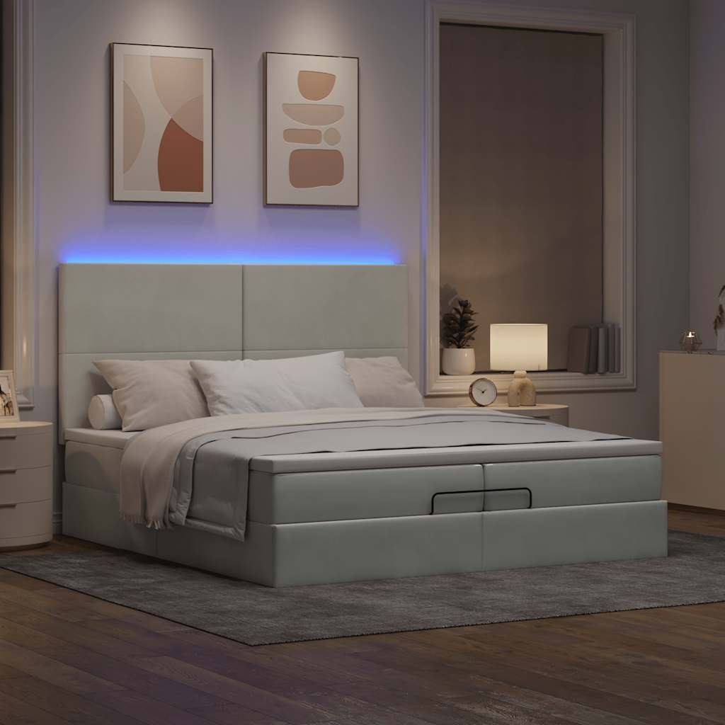 vidaXL Ottoman-Bett mit Matratzen & LEDs Hellgrau 200x200 cm Samt