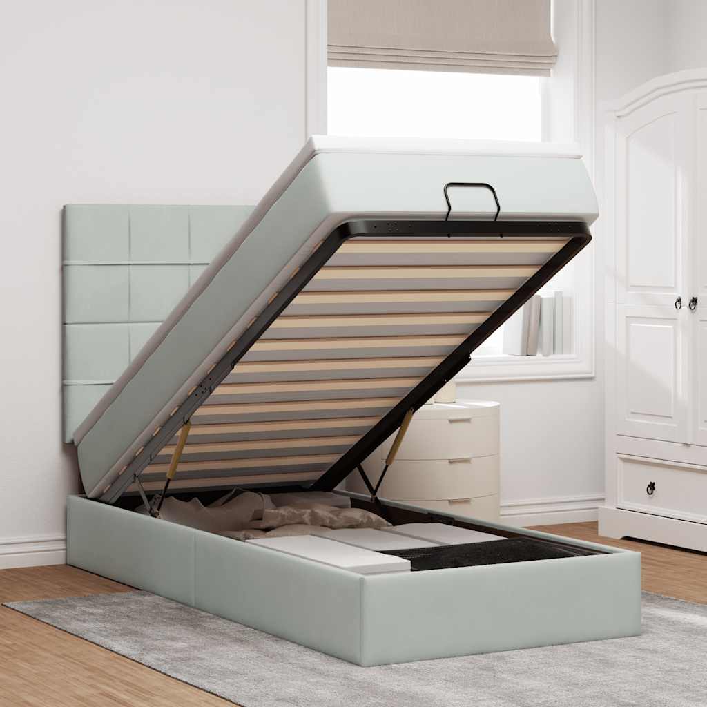 Ottoman-Bett mit Matratzen & LEDs Hellgrau 90x190 cm Samt