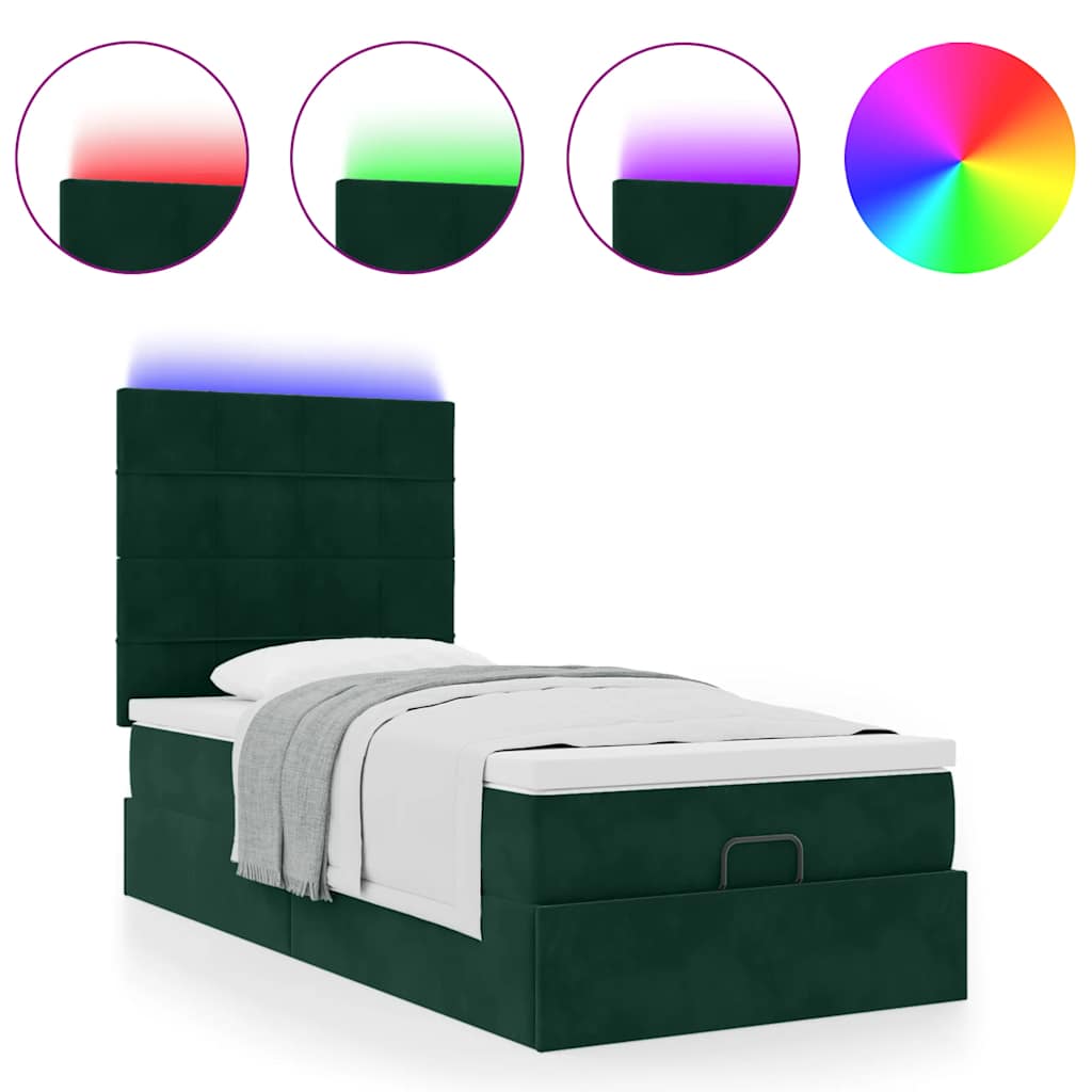 vidaXL Ottoman-Bett mit Matratzen & LEDs Dunkelgrün 90x190 cm Samt