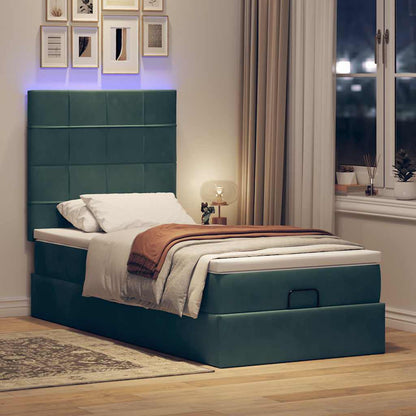 Ottoman-Bett mit Matratzen & LEDs Dunkelgrün 90x200 cm Samt
