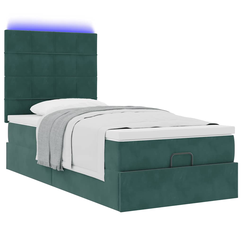 Ottoman-Bett mit Matratzen & LEDs Dunkelgrün 90x200 cm Samt