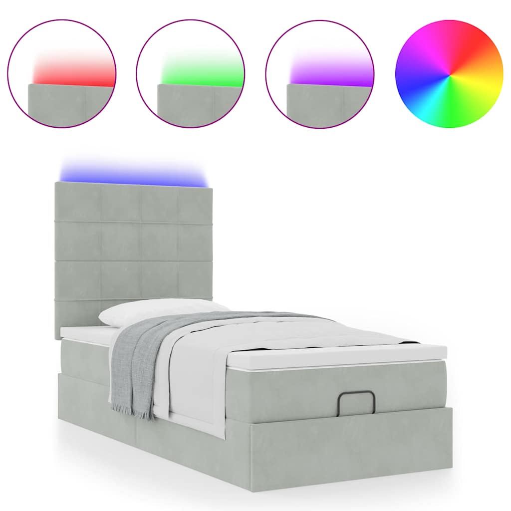 Ottoman-Bett mit Matratzen & LEDs Hellgrau 100x200 cm Samt