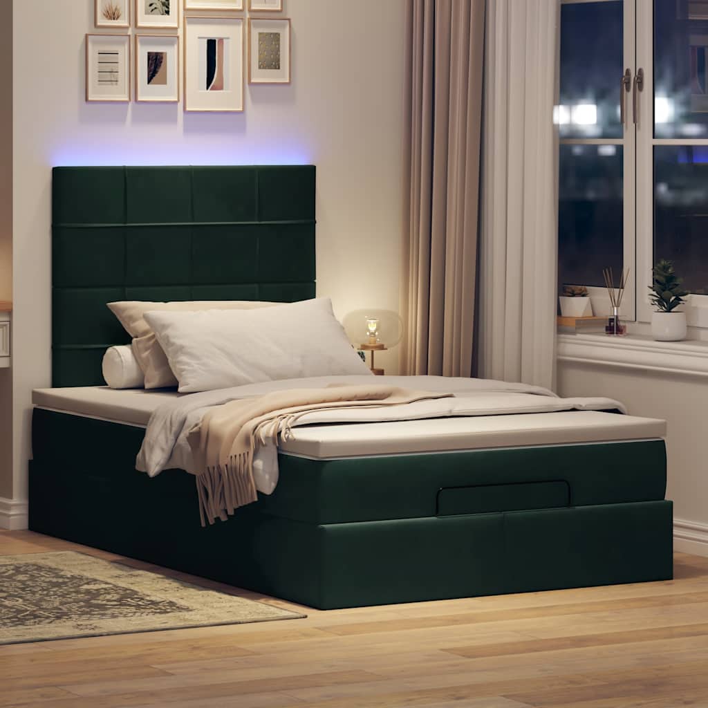 Ottoman-Bett mit Matratzen & LEDs Dunkelgrün 120x200 cm Samt