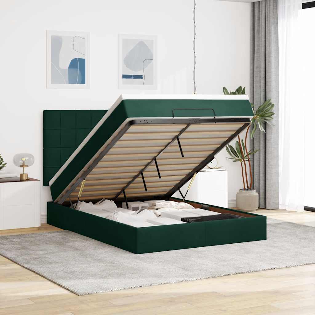 vidaXL Ottoman-Bett mit Matratzen & LEDs Dunkelgrün 140x200 cm Samt