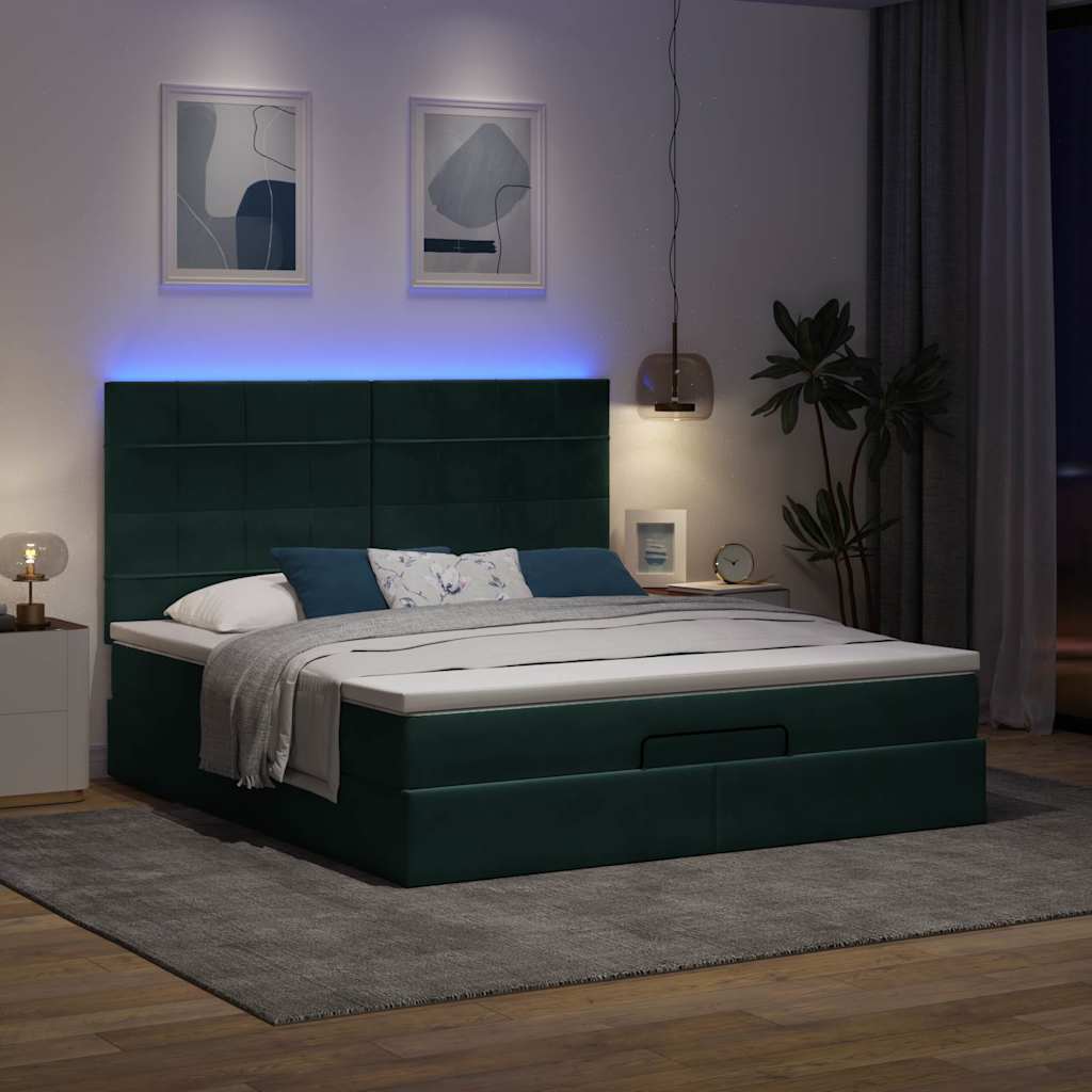 vidaXL Ottoman-Bett mit Matratzen & LEDs Dunkelgrün 160x200 cm Samt