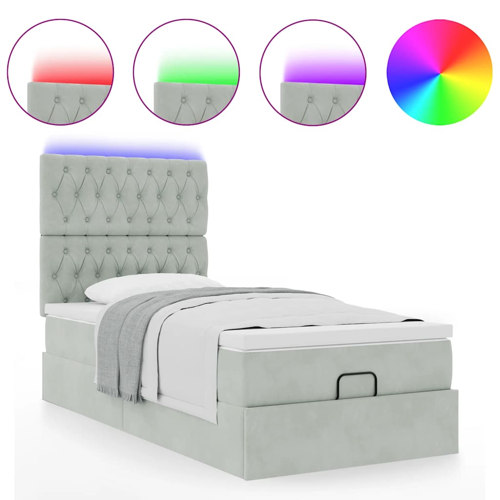 Ottoman-Bett mit Matratzen & LEDs Hellgrau 90x190 cm Samt