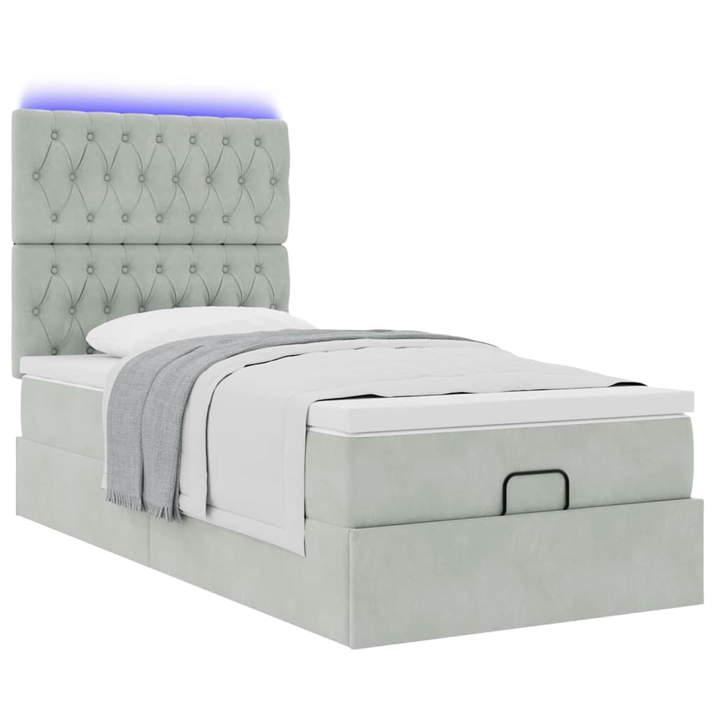 Ottoman-Bett mit Matratzen & LEDs Hellgrau 90x190 cm Samt