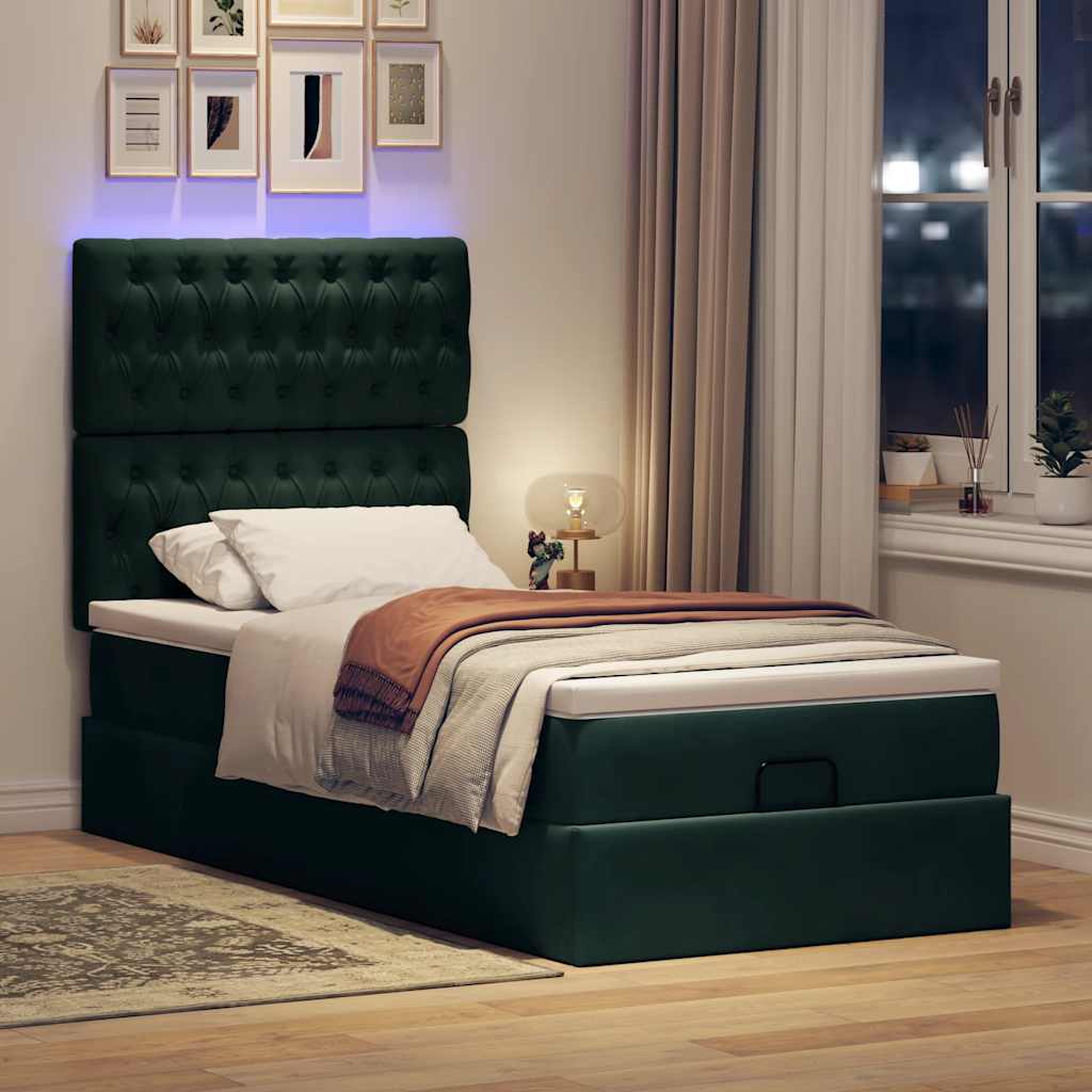 Ottoman-Bett mit Matratzen & LEDs Dunkelgrün 90x200 cm Samt