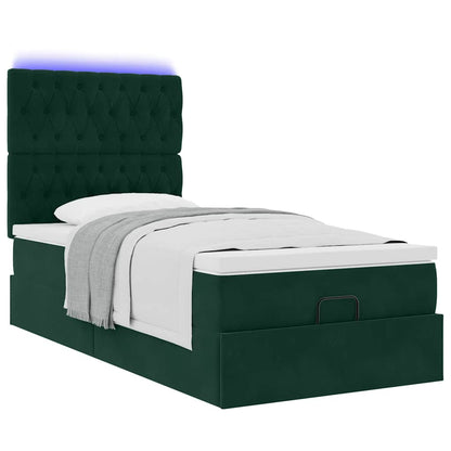 Ottoman-Bett mit Matratzen & LEDs Dunkelgrün 90x200 cm Samt