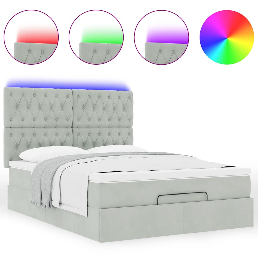 Ottoman-Bett mit Matratzen & LEDs Hellgrau 140x190 cm Samt